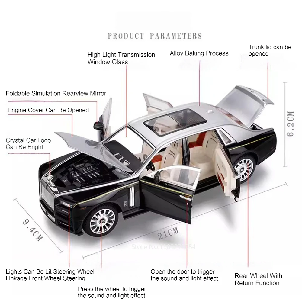 1/24 Rolls-Royce Phantom Mansory Car Model Toys Diecast Alloy Vehicle 6 Doors Can Opened Sound Light Pull Back Toy Gift for Kids