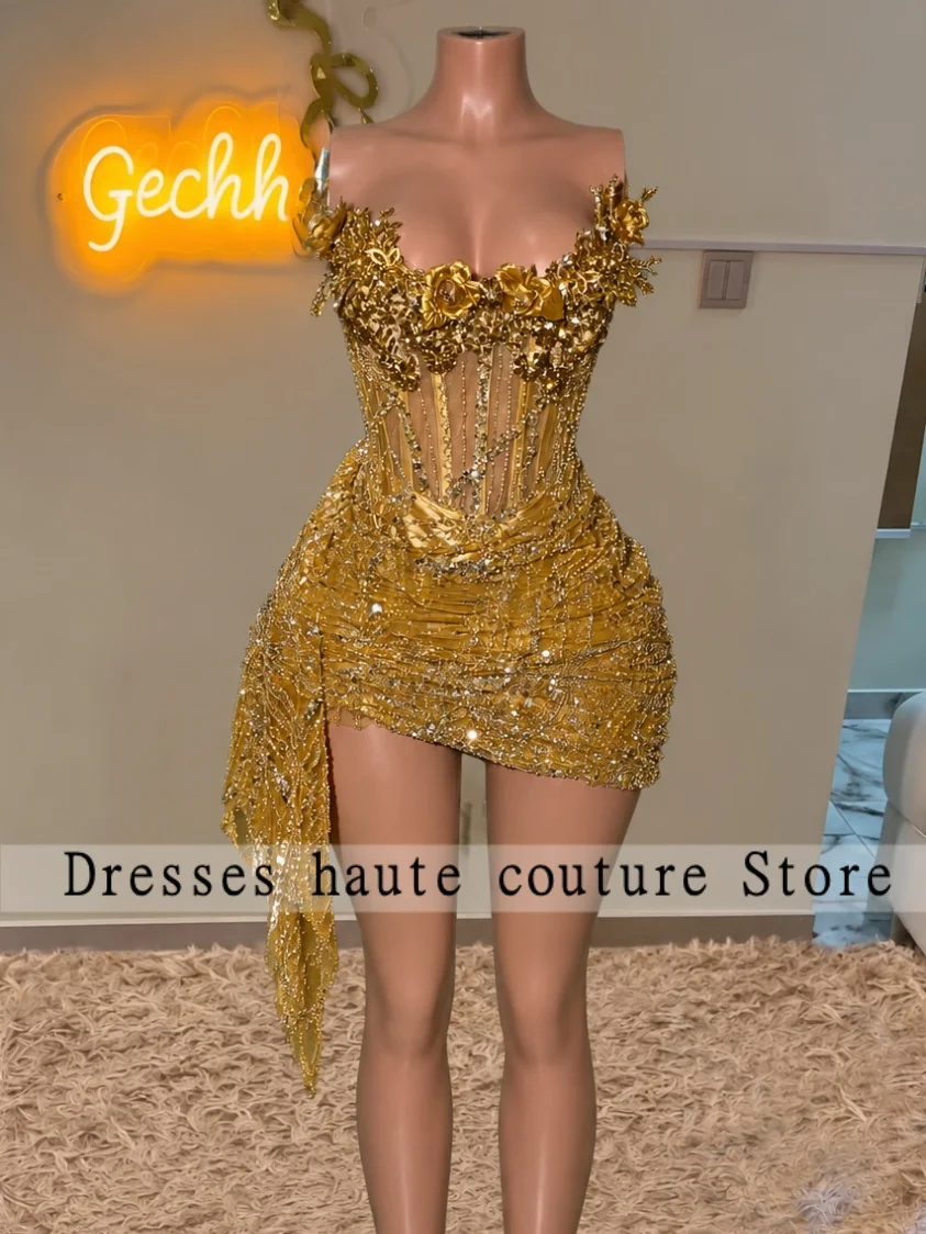 Gold Beaded Corset Homecoming Dress Sheer Mesh Off Shoulder Mini Gown With 3D Floral Appliques For Prom Gowns 2026 Customized