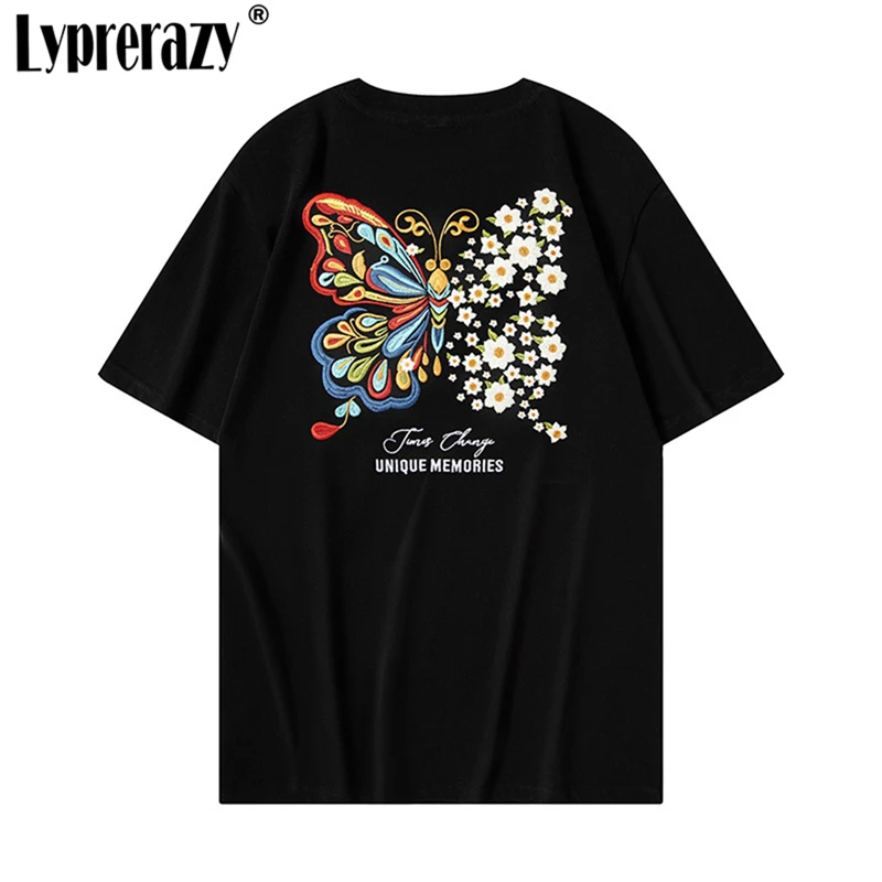 

Lyprerazy National Tide Butterfly Embroidered Short-sleeved T-shirt Summer Chinese Style Cotton Loose Tops Tees