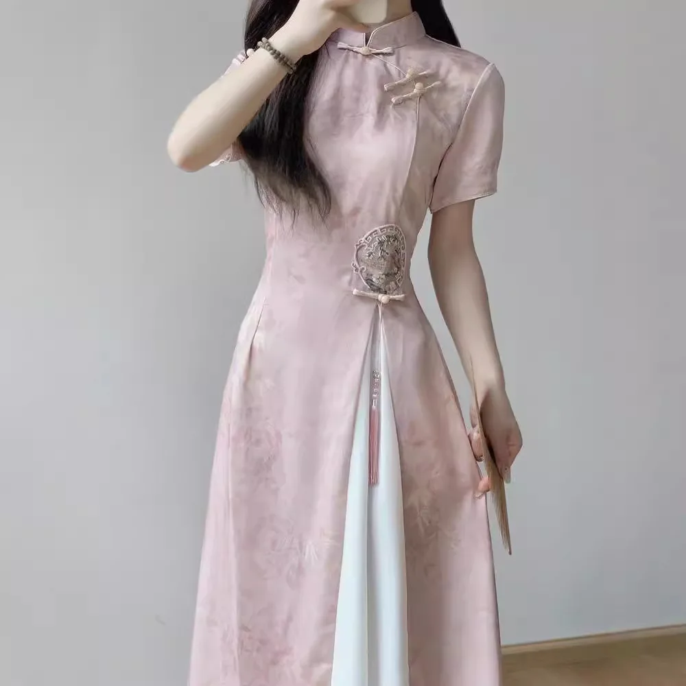 

Pink Chesongam Vintage Mandarin Collar Print Qipao Women Elegant Vestidos Mid Length New Chinese Style Dresses Hanfu Costume