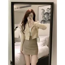 Spring Autumn Korean Khaki Short Suit Coat Hip Wrap Mini Half Skirt Two Piece Set Falls New Women Jakcet Slim Skirts Outfits