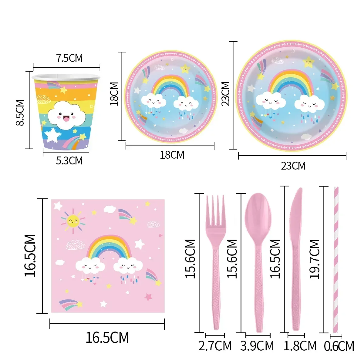 New Rainbow Party Disposable Tableware Pink Birthday Theme Decorated Paper Plates, Cups And Paper Towels Set WJ116