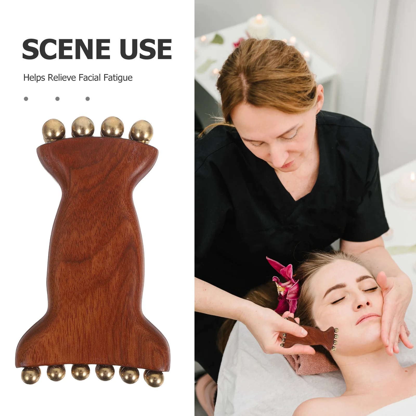 Wood Sandalwood Facial Massager Manual with Brass Beads for Face Neck Sculpting Skin Relaxation Portable Face Massage Tool