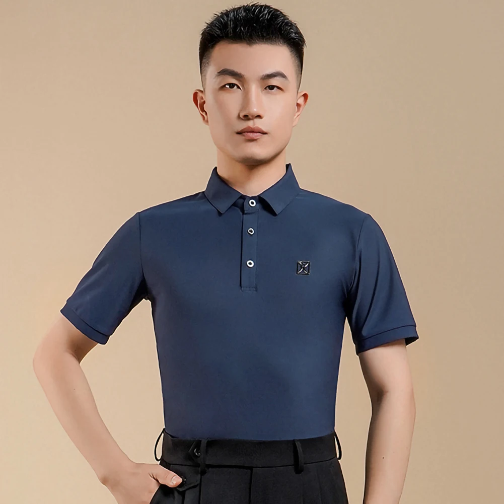 ラテンダンス ダークブルー 練習着 社交ダンス メッシュ メンズダンススーツ トップス 半袖 新品 ブラックシャツ