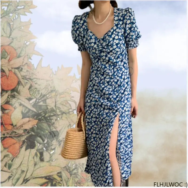 

Blue Temperament Dresses New Design 2023 Women Summer Square Neck Holiday Date Girls Floral Print Split Dress