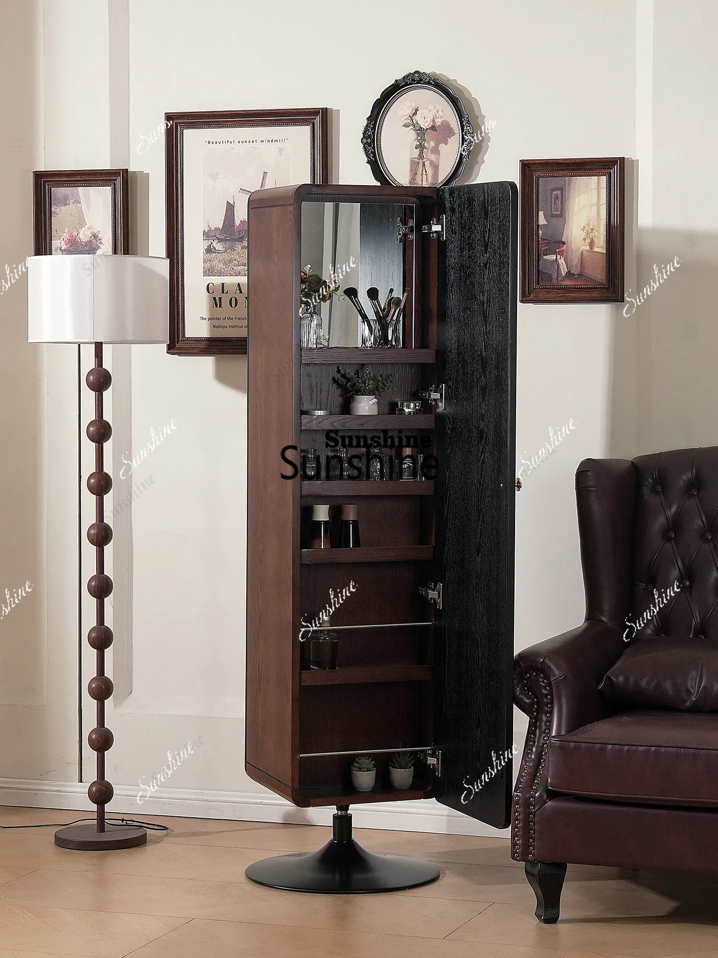 Retro multi-functional display cabinet full-body mirror solid wood rotatable floor full-length mirror
