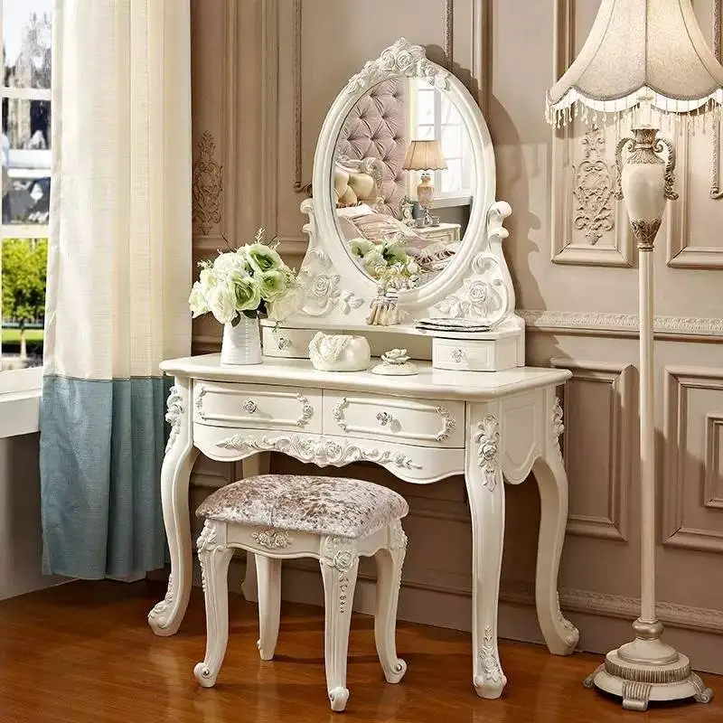 White European Vanity Desk Mirror Stool High End Dorm Essentials Vanity Desk Drawers Femme Penteadeira Quarto Bedroom Furniture