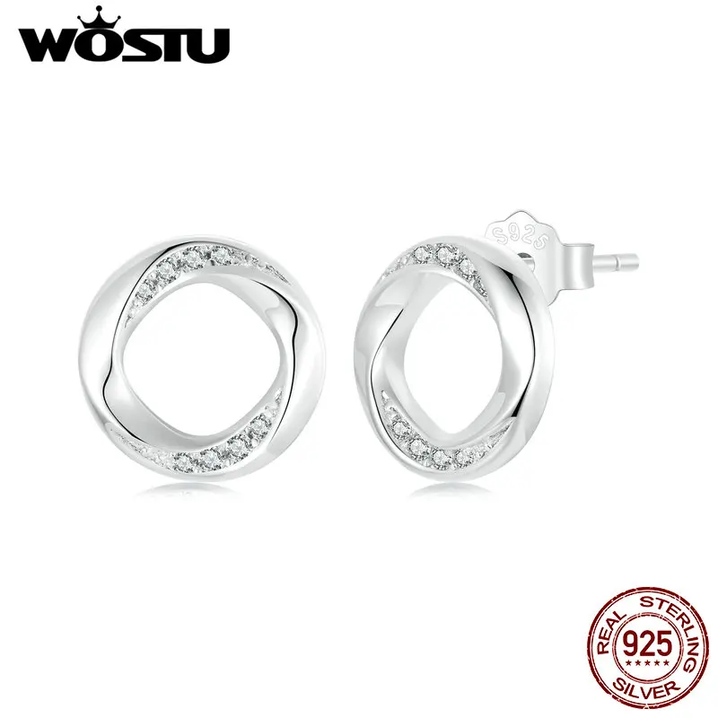 WOSTU 925 Sterling Silver Mobius Strip Stud Earrings Wedding Jewelry For Women Shiny AAA Zircon Ear Studs Pendientes Party Gift