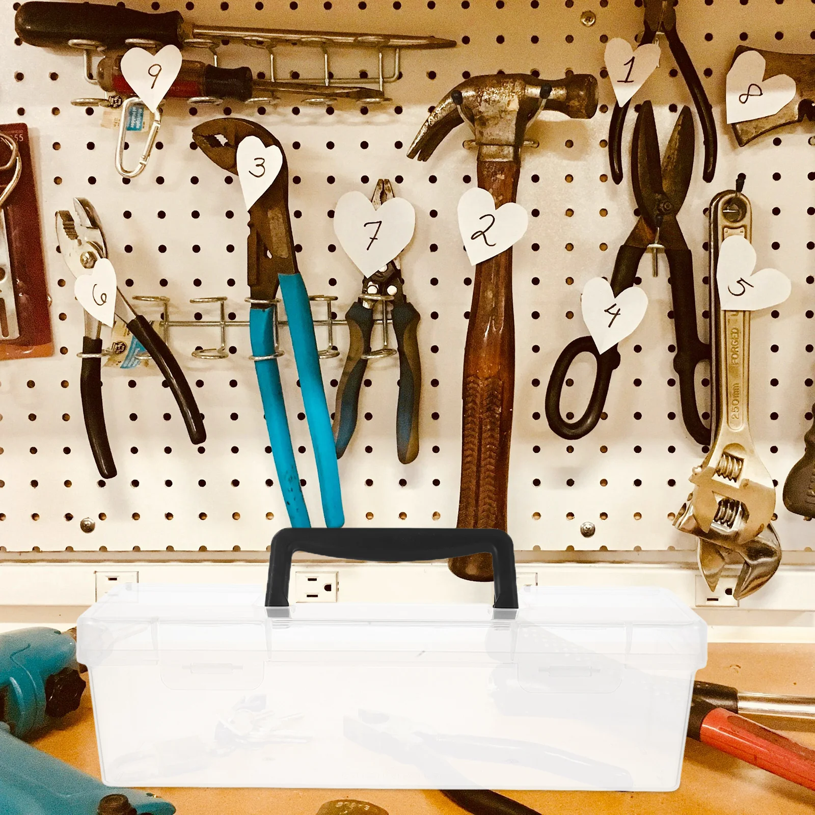 透明なプラスチック製のツールボックス 30.00X9.70X8.60Cm ナット、ボルト、ネジ用の小さな部品オーガナイザー、文房具収納ケース、ハンドル付き