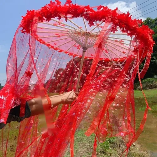 레드 플라워 비치 쉐이드 우산 선풍기 로리타 한복 액세서리, 슈퍼 페어리 리본 원사 비드 캣워크 파라솔 파라과스, 85cm 