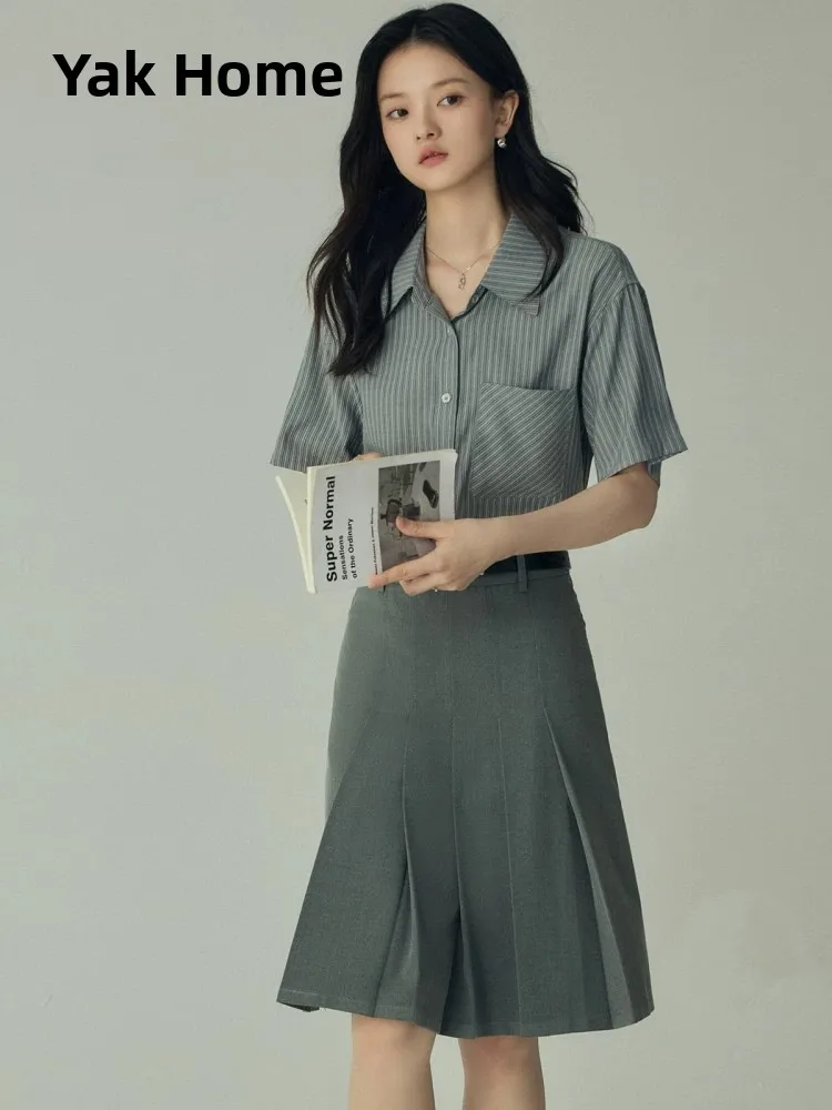 

Yake Home Grey Striped Short Sleeve Shirt Women's Summer Casual Loose Breathable Comfortable Professional Commuting Versatile...