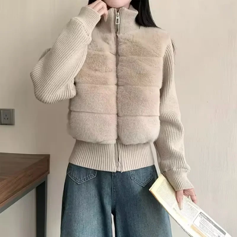 Women Stand-up Collar Short Coat Faux Fur Patchwork Drawstring Waist Zipper Outwear Fall Winter Thick Warm Casual Quilted Jacket