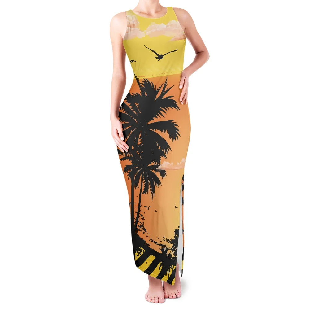 Women Summer Sexy Dress Flowers And Plants Printing Coconut Tree Dress Sleeveless Round Neck Slit Vest Long Skirt Casual Style