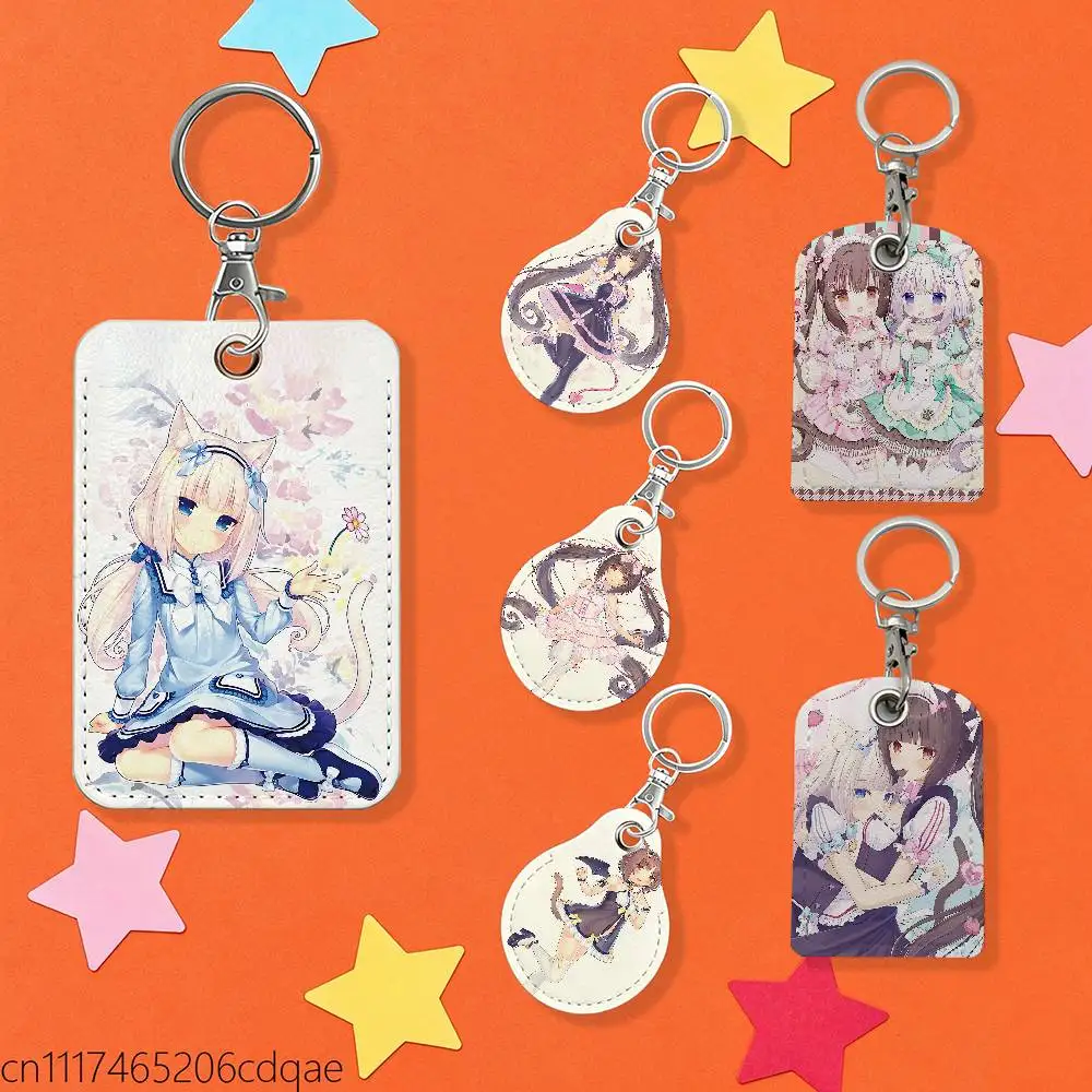 FOR Nekopara Chocola Vanilla 1pcs Leather Card Holder With Key Ring Water Drop Shaped Key Case Keychain Doorlock Accessories