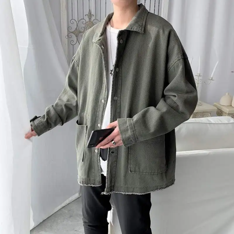

Loose Pure Color Functional Workwear Jaet for Men Spring Trendy Korean Sle Student Vintage irt Sve Regular Length