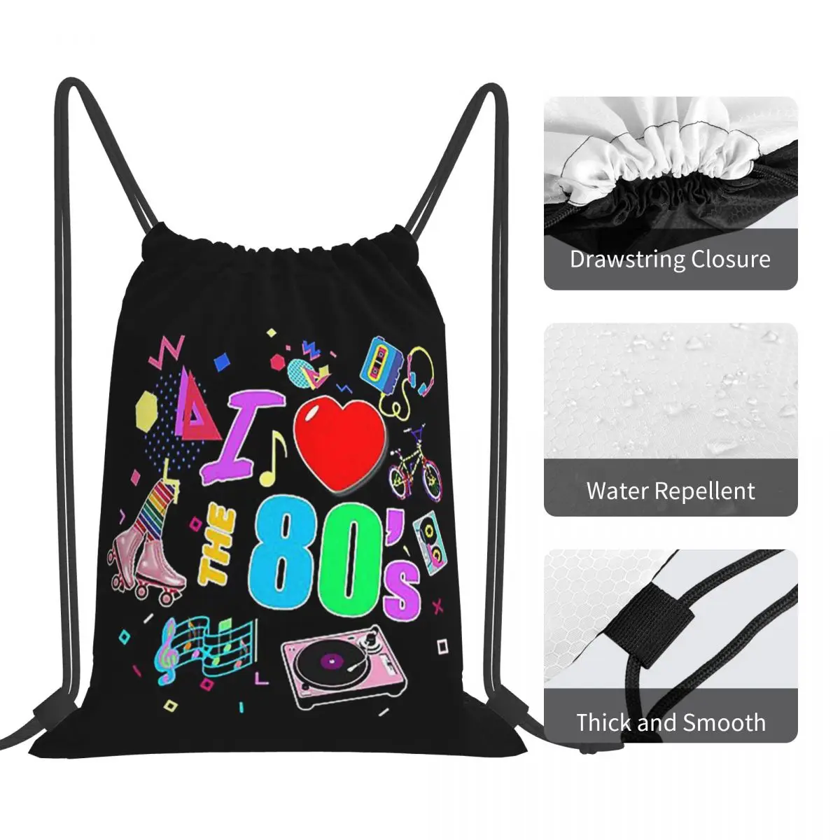 I Love The 80's Retro Heart Backpacks Multi-function Portable Drawstring Bags Shoes Bag Book Bags For Man Woman School