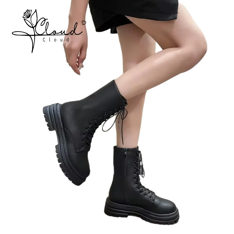 

Plus Size Mid-tube Lace-up Martin Leather Boots Women 2024 Autumn Winter Thick Soled Small Motorcycle Ankle Snow Female Shoes