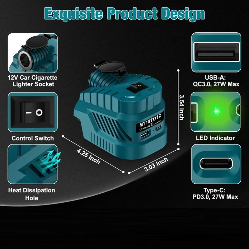 DC 12V Buck Converter Regulator Lighter Port for 18V/20V Battery with USB & TypeC DIY Battery Adapter-A57M view 5