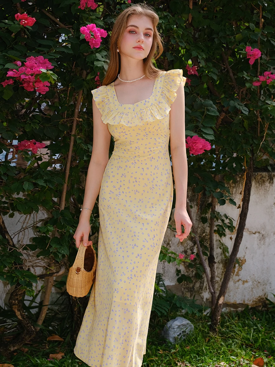 夏の新作花柄プリントレディースドクターイエロースカート、ウエストシェイプ、大きなレースデザイン、ビーチ、バケーション、ハイウエスト、ポリエステル素材