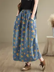 Retro Floral Denim Skirt For Women Autumn 2026 Fashon Printed Elastic Waist Slimming Versatile Bud Skirt Midi Jeans Saias K2229