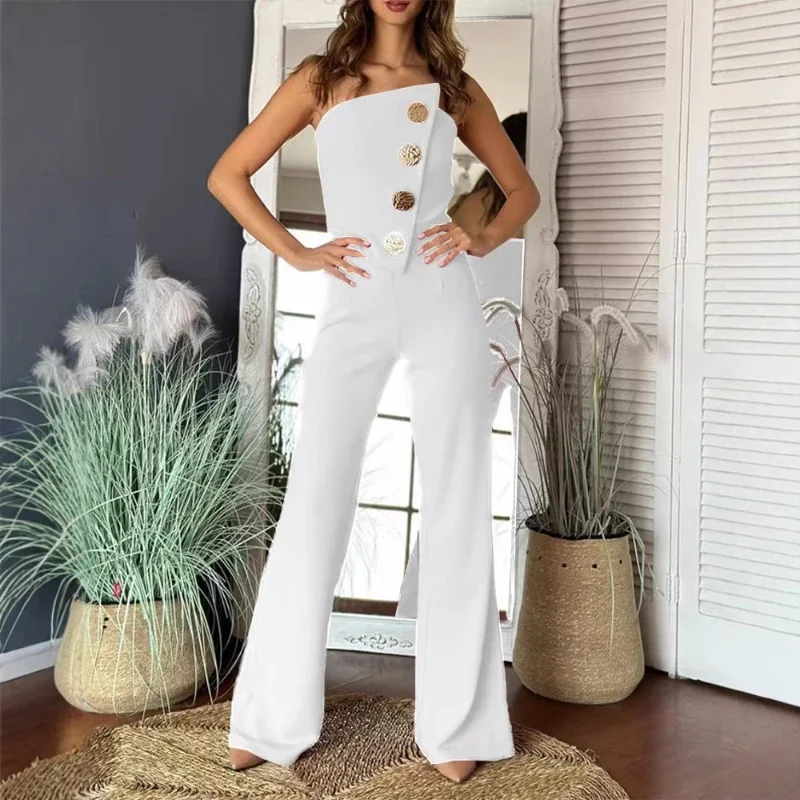 Sexy Bustier Women's Jumpsuit Button Decorative Details Micro Pants Type Slim Fashion Trend Clothes