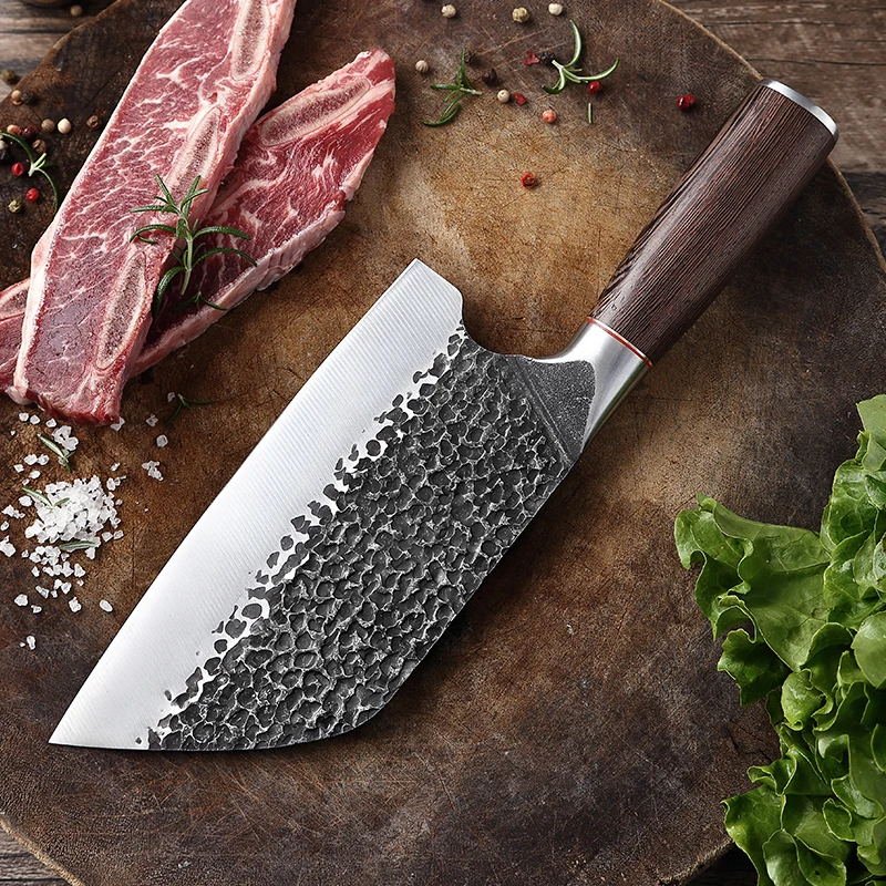 

TJ POP Forged Hammer Pattern 7.5 Inch Chopping Knife Stainless Steel Chicken Wing Wood Handle Boning Slicing Chef kitchen knife