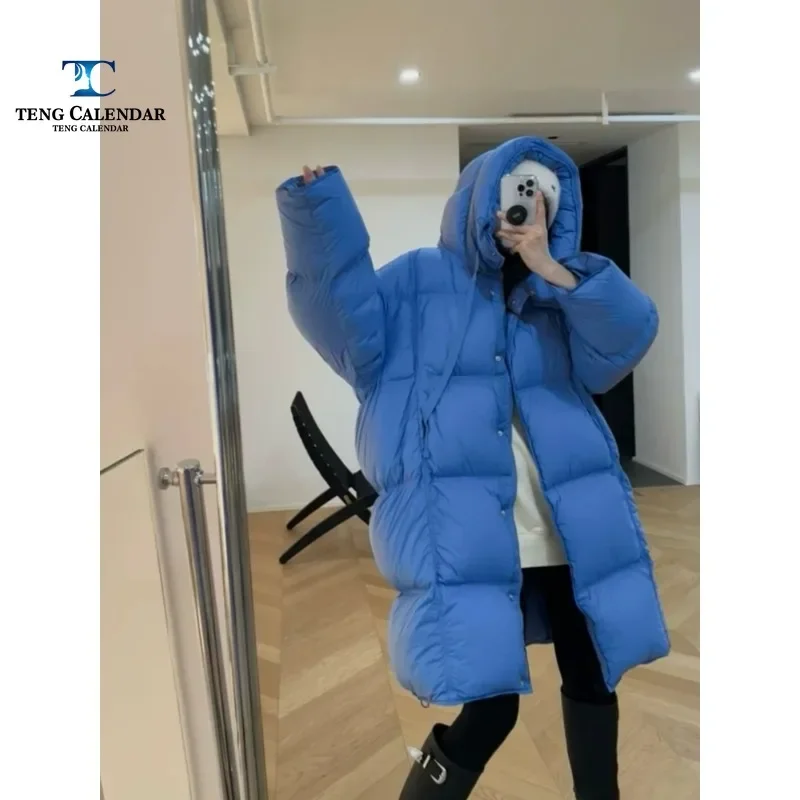 Fashionable Down Jacket, Korean Mid To Long Lightweight Hooded 90 Thick White Duck Down Bread Jacket, Women's Winter New Style