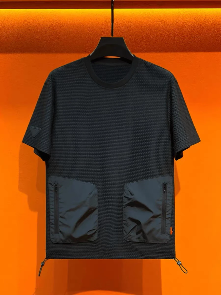 Tagkita Men's Summer New Fashion Lightweight Function Pocket Splicing Short Sleeve T-shirt Luxury Design Half Sleeve Body T-s...
