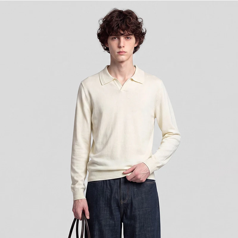 Apricot/Gray/Black Solid Color Knit Polo Shirt for Men Minimalist Style Autumn Casual Pullover
