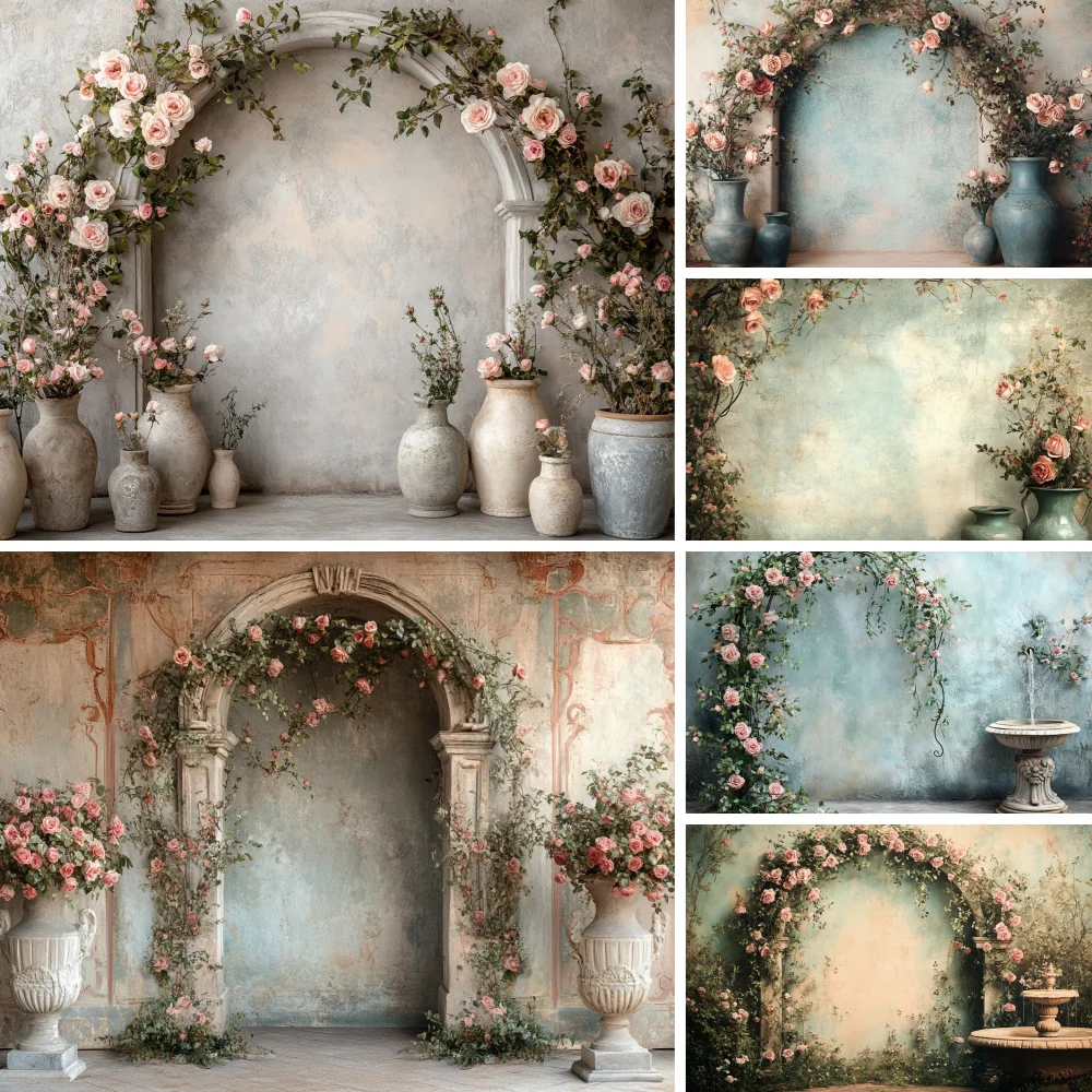 

Vintage European Backdrop Elegant Archway Stone Columns Floral Wedding Photography Background Classic Ballroom Portrait Scene