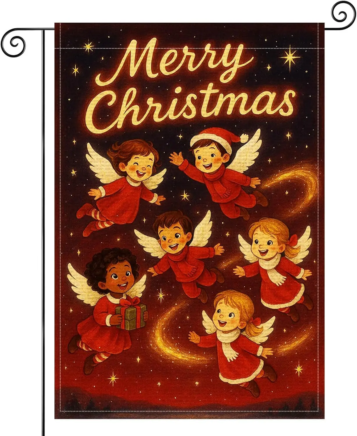 Merry Christmas Garden Flag Double Sided Burlap Flying Angel Children Red Outfits Gifts Stars Holiday Winter Seasonal Outdoo EEZ