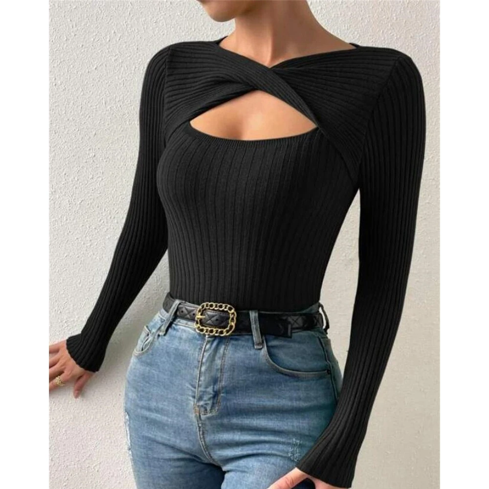 Autumn V Neck Decor Twist Cut out Knitted Ribbed Sweater Women Fashion Long Sleeve Skinny Top Casual Outwear Korean Style