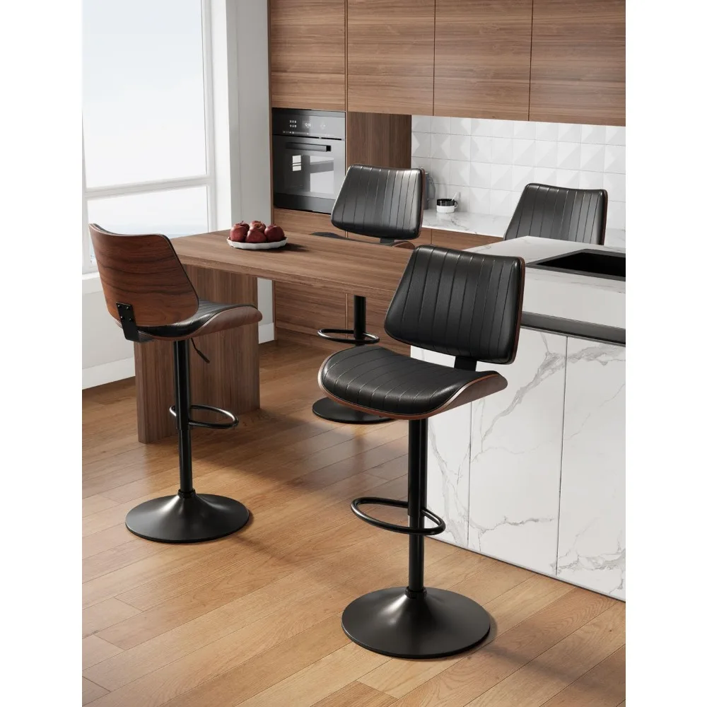 Swivel Bar Stools Set of 3, Adjustable Bentwood Barstools Kitchen Counter, Modern PU Leather Upholstered Bar Chair , Black