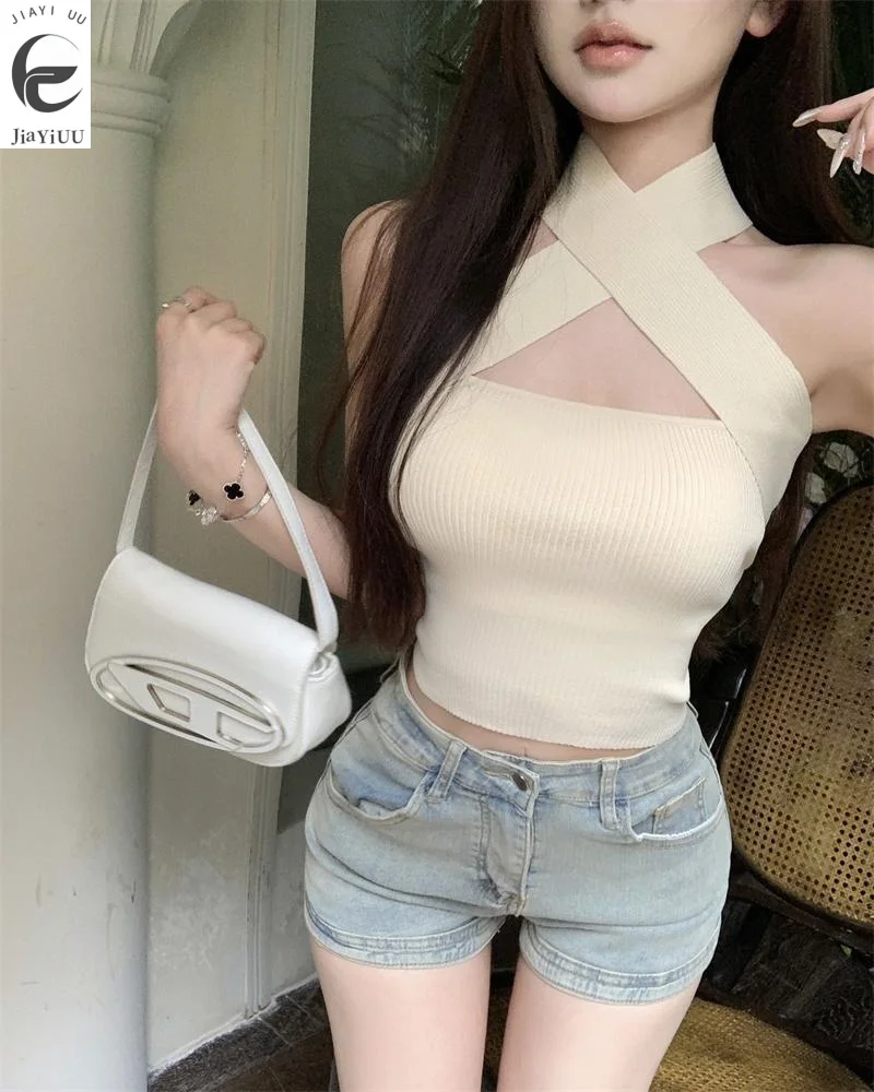 Cross necked off shoulder purple camisole vest for women's summer black outerwear with a waistband design sense top