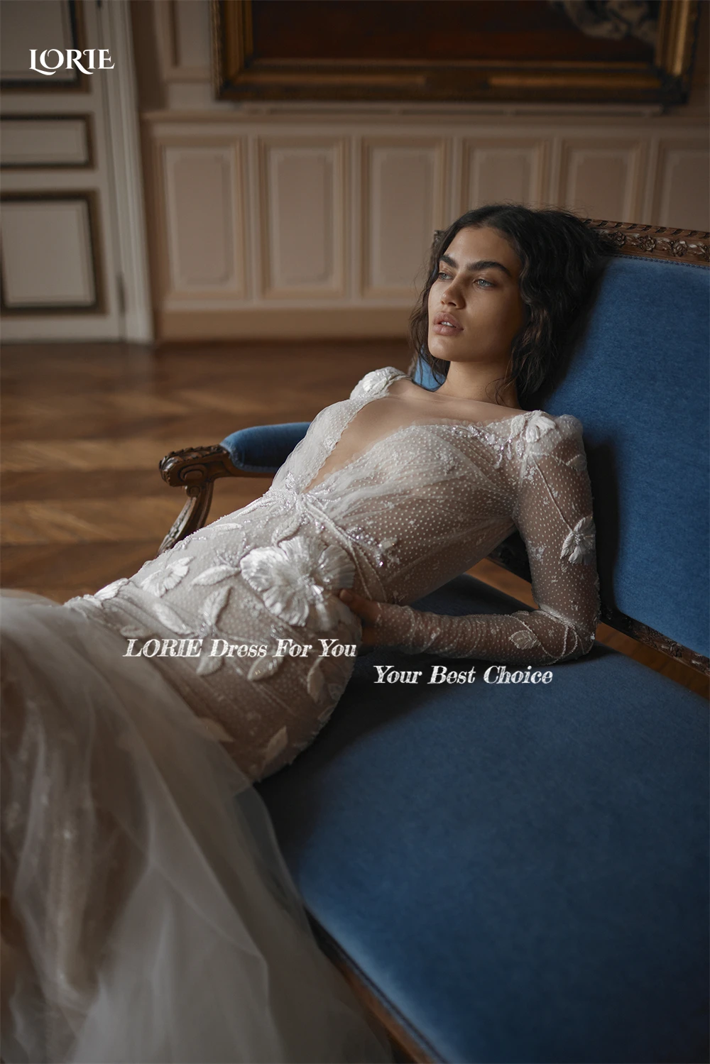 LORIE Dotted Embroidery Mermaid Wedding Dresses Lace V-Neck Cap Sleeves Backless Bridal Gowns Puffy Train Luxury Bride Dress