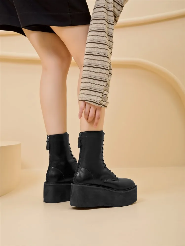 Damen-Stiefeletten und -Boots mit rutschfester, dicker Sohle für Herbst und Winter, Retro-Stiefel mit Erhöhung, Motorradstiefel für Damen – Detail 3
