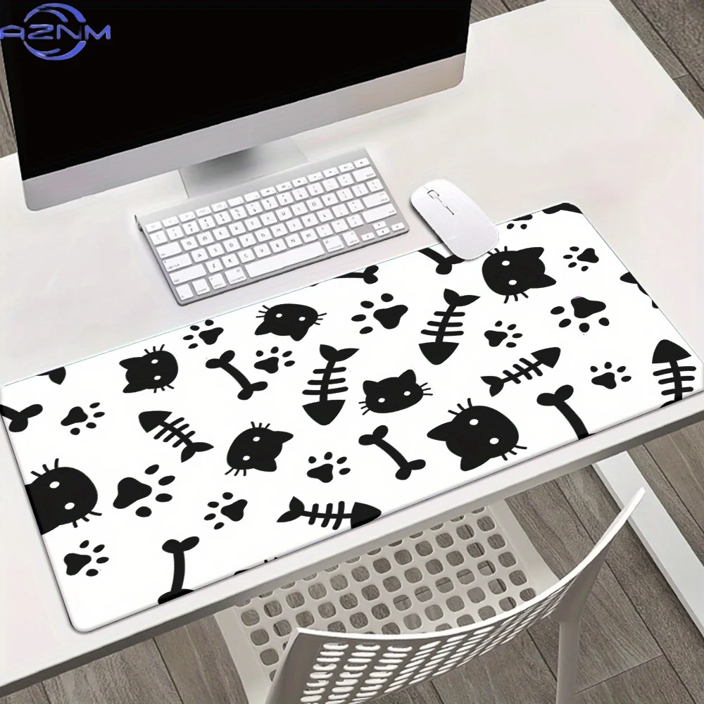 1pc, Cartoon Cute Cat, Black Fish Bone HD Printed Pad for Desk, Multi Functional XXL Mousepad, Keyboard Gaming Mouse Mats, Offic