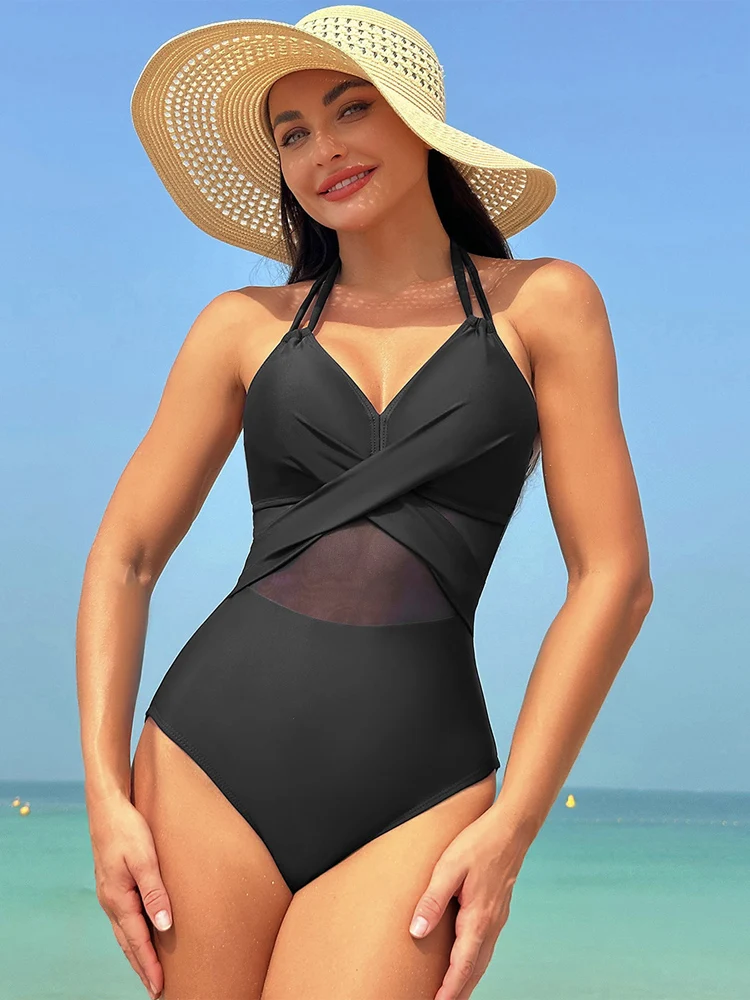 Solid Color Hanging Neck One Piece Swimsuits 2023 Woman Sexy Mesh Bikini Swimwear High Waisted Backless Brazilian Beach Outfit