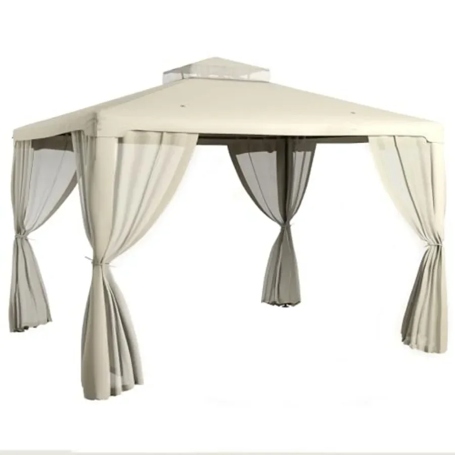 9.6' X 11.6' Outdoor Patio Gazebo with Steel Fe 2-Tier Roof and Netting in Beige for Garden Lawn Backyard Deck Shelter