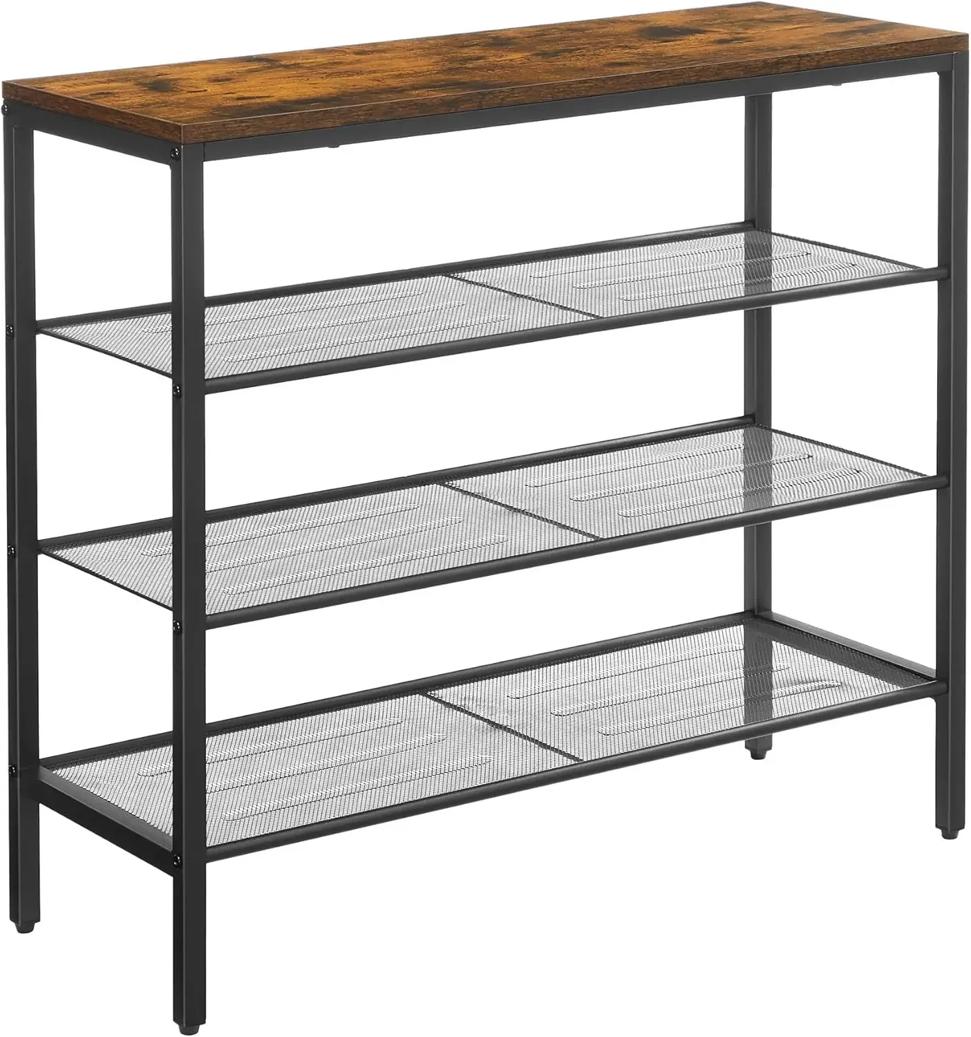 

4-Tier Shoe Rack, Freestanding Storage Organizer, Mesh Shelves, Space-Saving in the Entryway, Industrial, Rustic Brown + Black