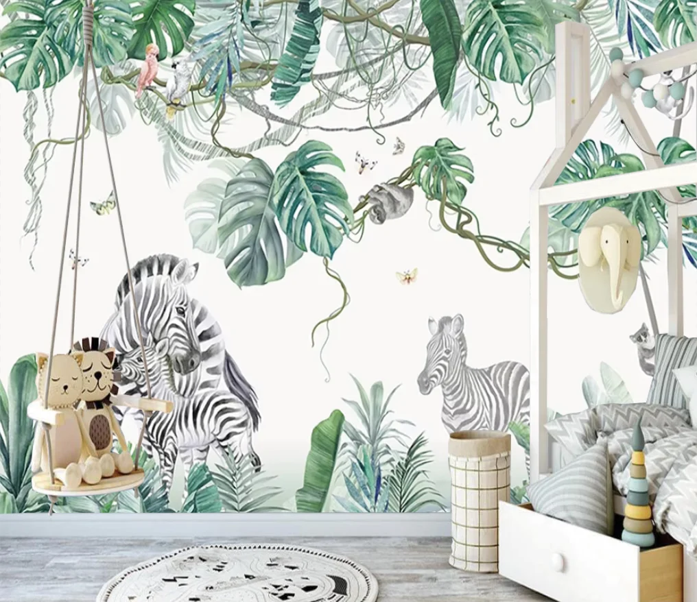 

Customized mural mushroom house children's room giraffe elephant forest animal decoration painting rainforest plants 3d murals