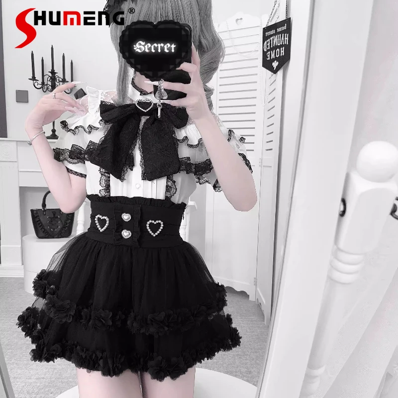 和風ゴシックスカート半袖シャツセット女の子甘いクールキュートなリボンスリムフィットトップパフィースカート女性のロリータ衣装