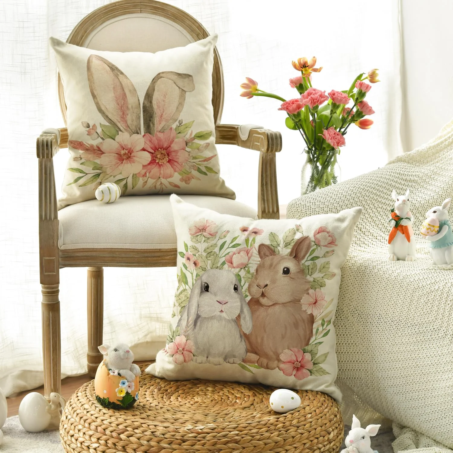 VIKAMA Easter Bunny Pillow Cover  Watercolor Two Rabbits & Pink Floral Pillowcase for Couch Bedroom Spring Decoration