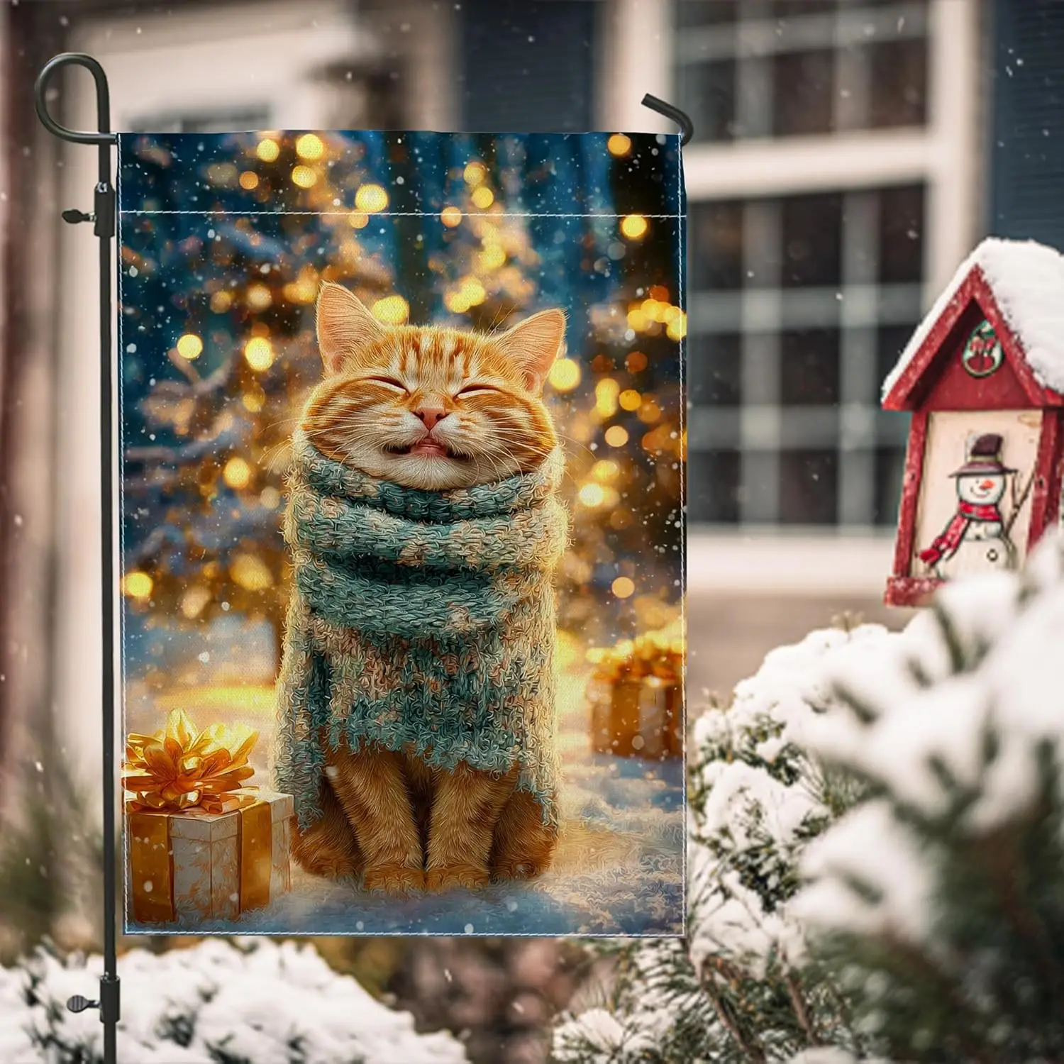 Cat Garden Flag, Winter Festive Scarf Christmas Tree Xmas Orange Burlap Double Sided Small Garden Yard Flag for Outdoor Pati PPM
