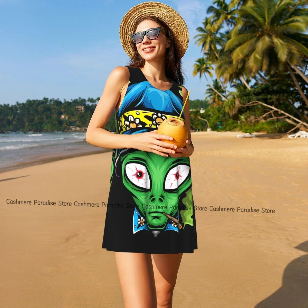 レディースカジュアル膝丈ワンピース エイリアン柄 Oネック ノースリーブワンピース