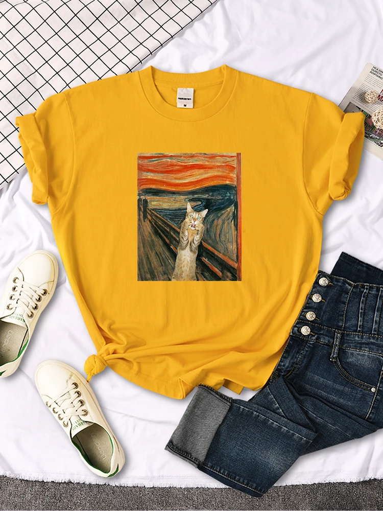 Tshirts Surprised Kitten Oil Painting Print T-Shirts For Women Vintage Casual Woman T Shirts Crewneck Hip Hop Woman Clothes