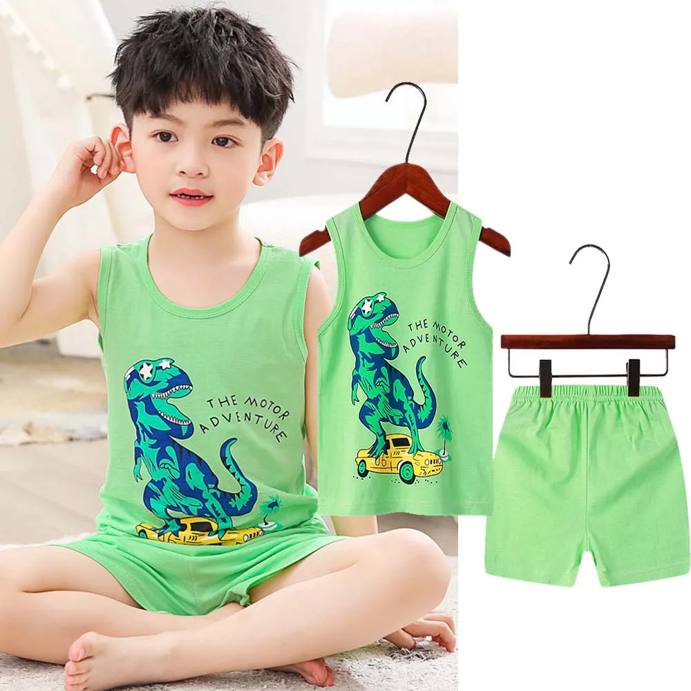 الصيف الفتيان ديناصور مجموعة ملابس بلا أكمام الأطفال بلايز + السراويل 2 قطعة ملابس الاطفال الدعاوى الأولاد وتتسابق ل 1 إلى 9 سنوات #1