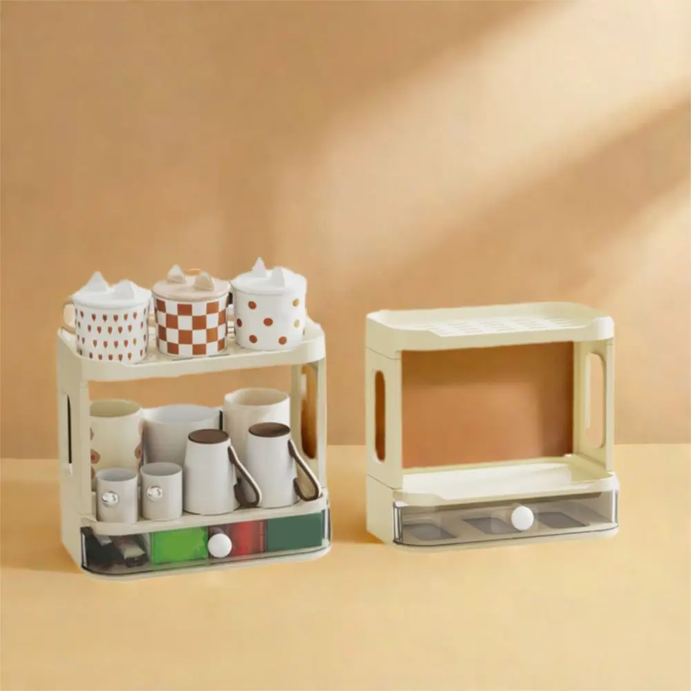 

Plastic Double-Layer Cup Storage Rack Space Saving Foldable Cup Drainage Rack with Drawer Desktop Cosmetic Shelf Kitchen