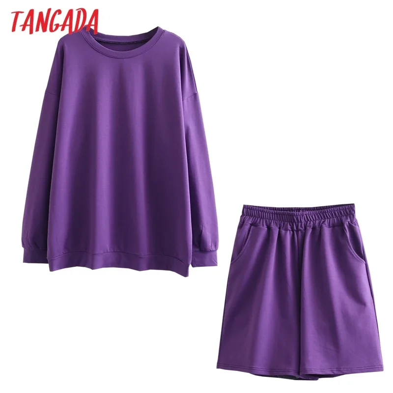 Tangada 2022 Summer Cotton Tracksuits Couple Solid Color Two Piece Set O-neck Sweatshirts and Shorts 6L30-1