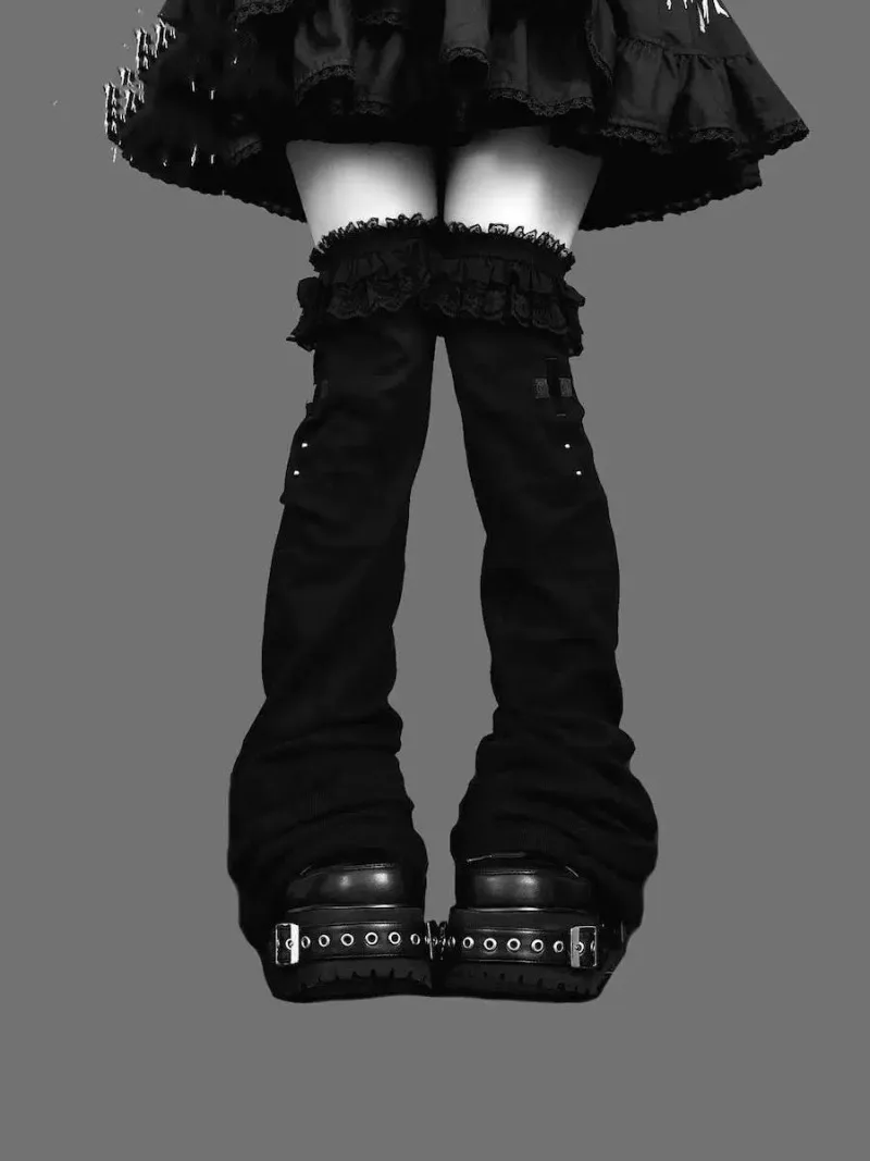 Japanese Dark Black Lace Lolita Wide Leg Socks Beautiful Legs Shaping Over-the-Knee Stacked Flared Slim High Tube Leg Warmers